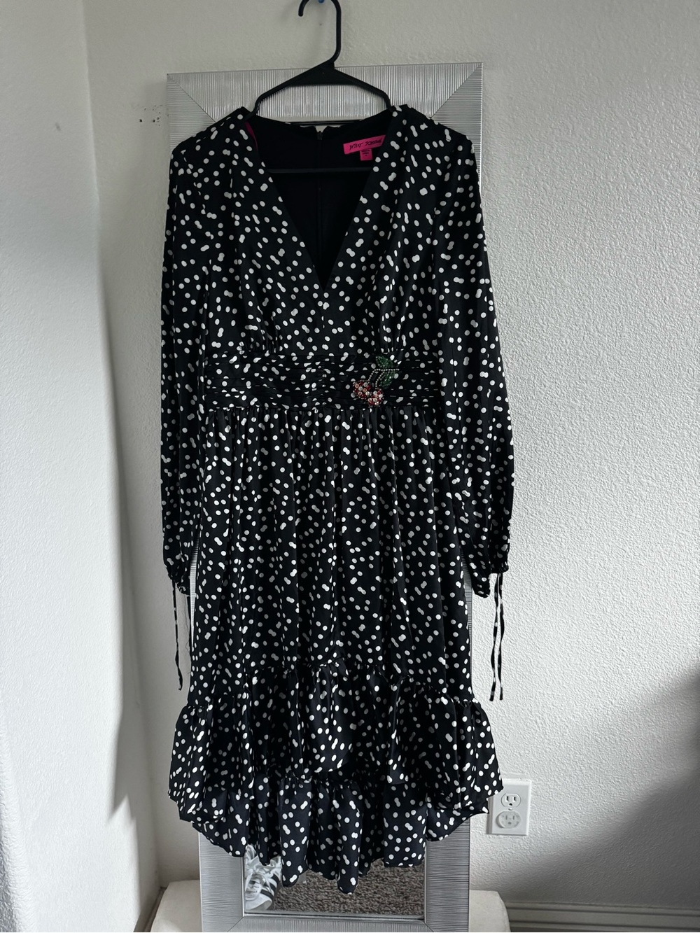 Betsey Johnson Black Polka Dot Dress with Cherry Waist Detail Satin like Fabric